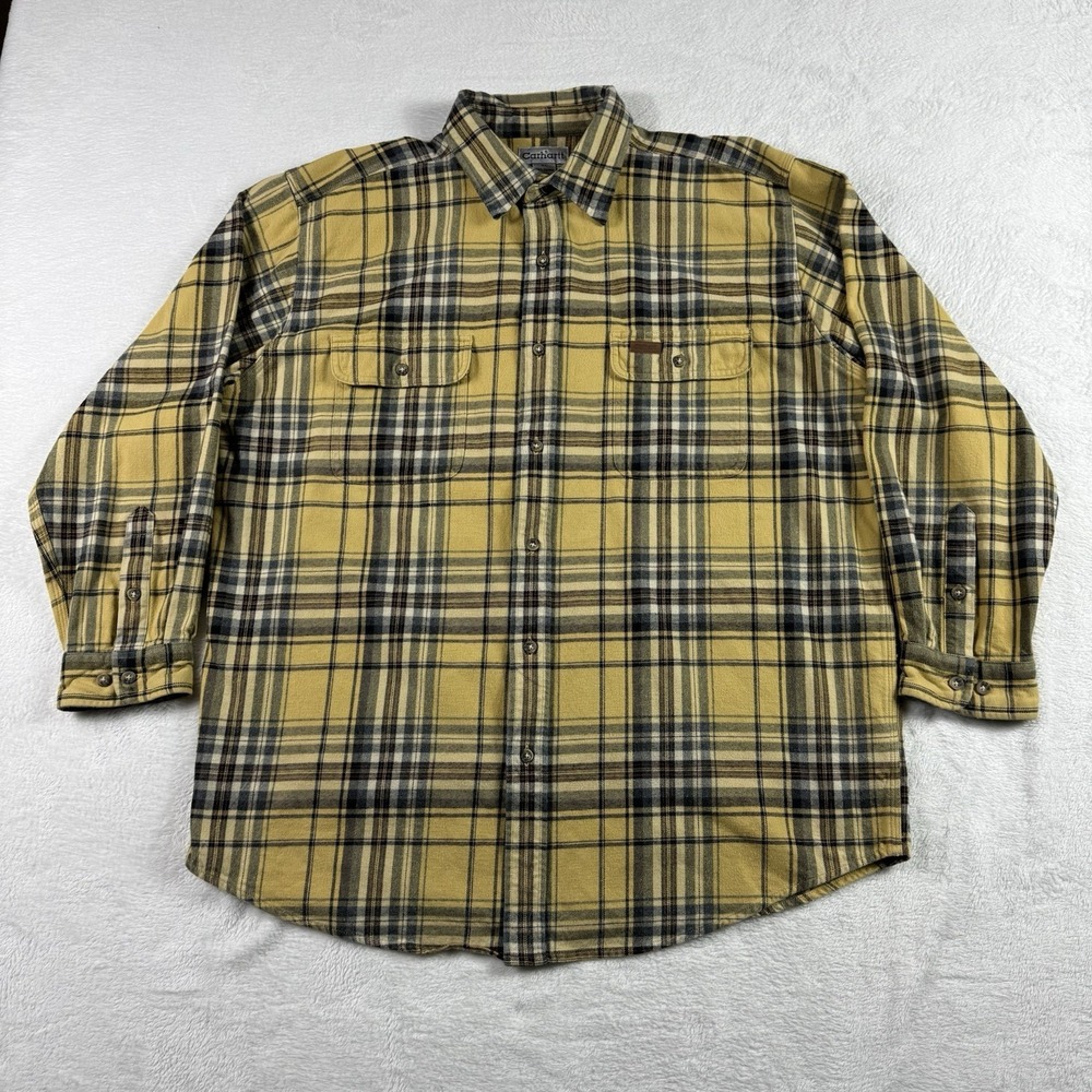 Carhartt Heavyweight Flannel Shirt Mens XL Yellow Plaid Relaxed Fit Workwear